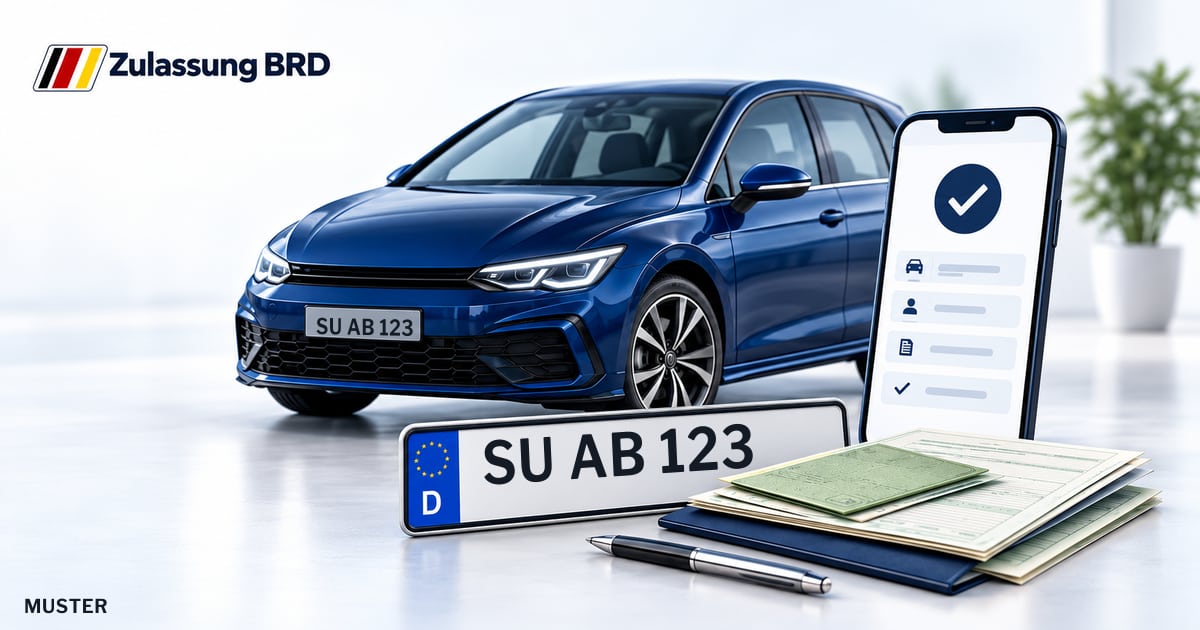 Online Fahrzeugzulassung in Ruppichteroth: Musterkennzeichen SU AB 123, Auto und Fahrzeugpapiere und Smartphone. Illustration mit Logo von Zulassung BRD.